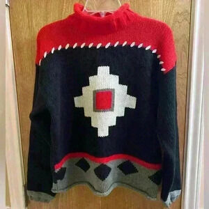 Vintage She Said Knit Abstract Aztec Pattern Turtleneck Sweater Red/Black/Gray M